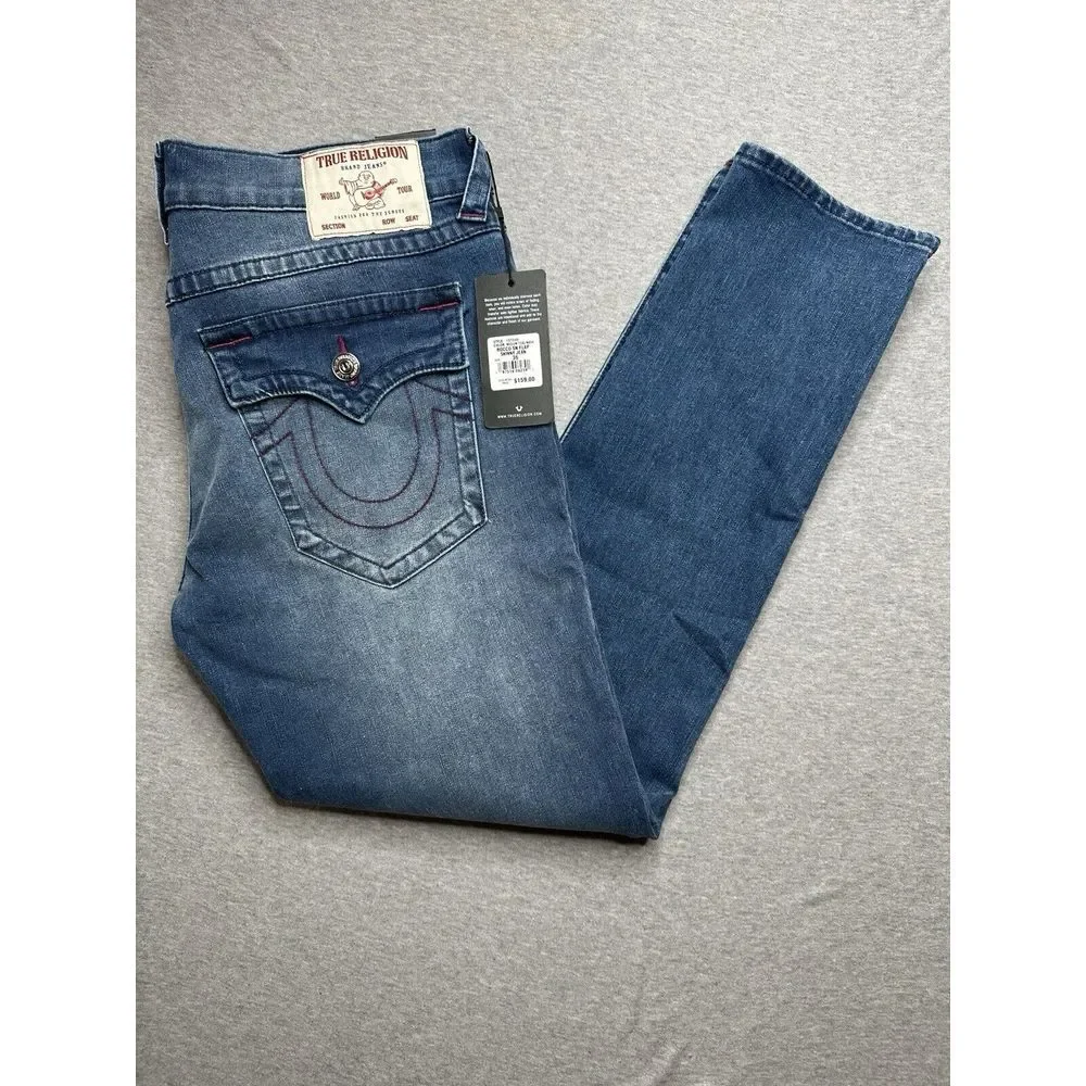 True Religion Jeans Men's Rocco SN Flap Relaxed Skinny Size 36x32 NWT Red Stitch